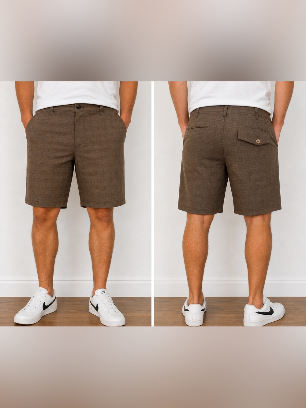 ERG Men’s Brown Plaid Shorts Size 34 Flat Front Casual Golf Stretch 4 Pocket